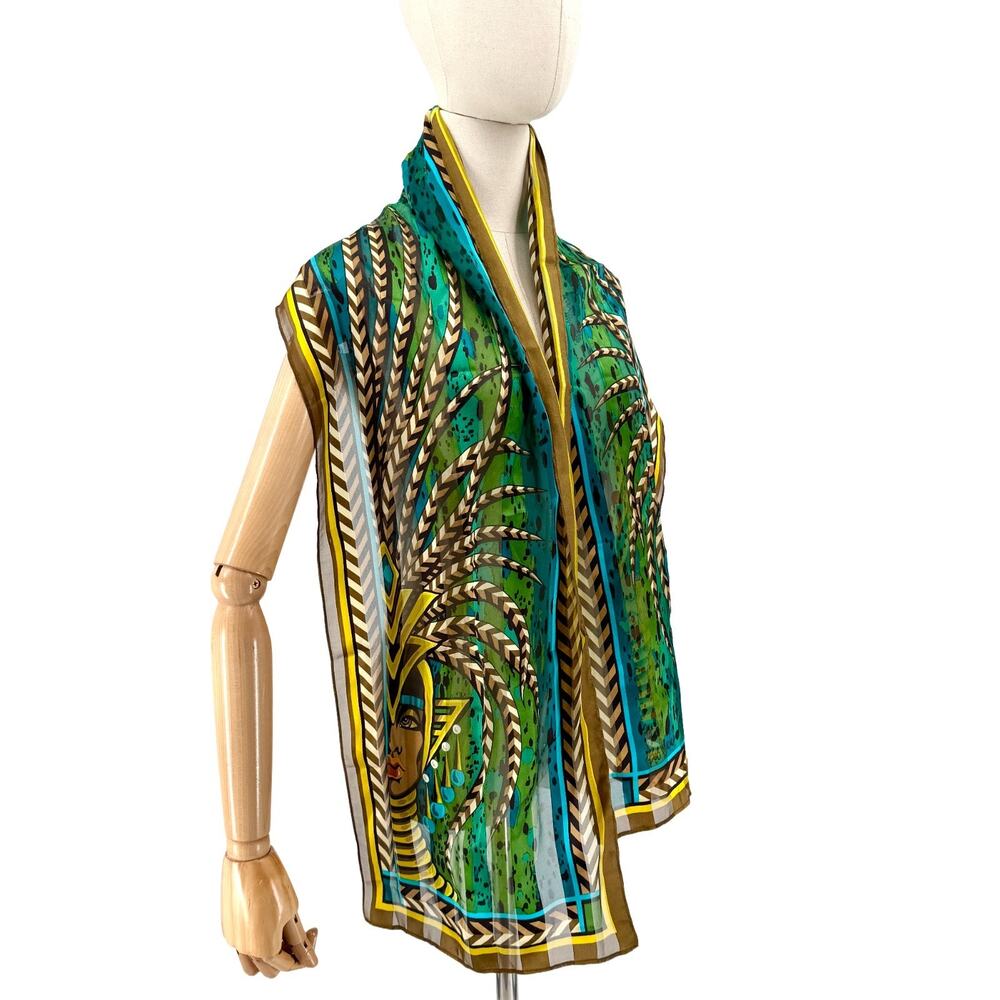 Vintage 90s Bob Mackie Green Teal 100% Silk Egyptian Queen Print Chevron Scarf